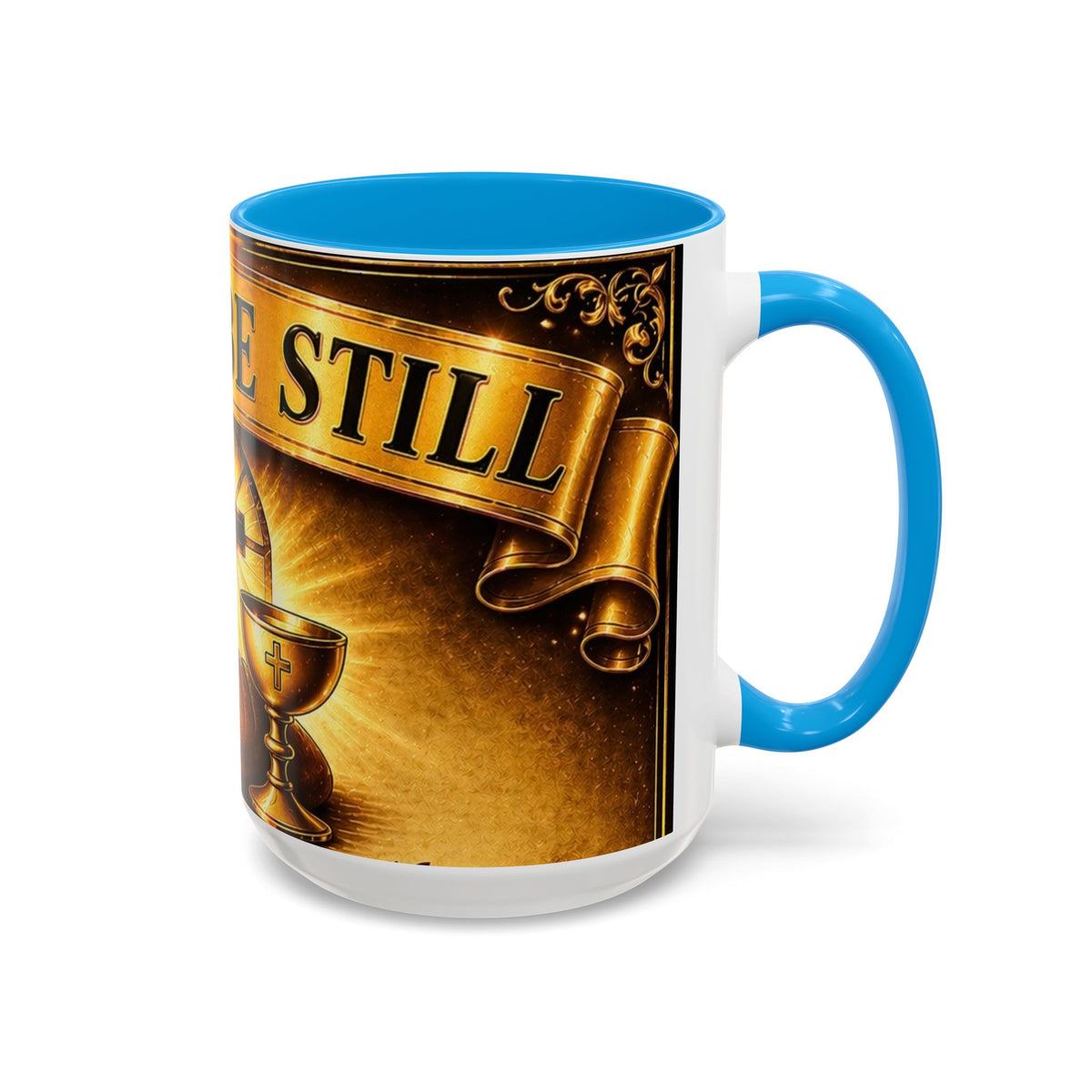 Peace Be Still Christian Coffee Mug — Communion Bread & Chalice Design