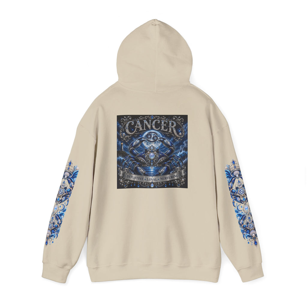 Cancer Zodiac Hoodie — Blue Crab Astrology Sweatshirt with Sleeve Art