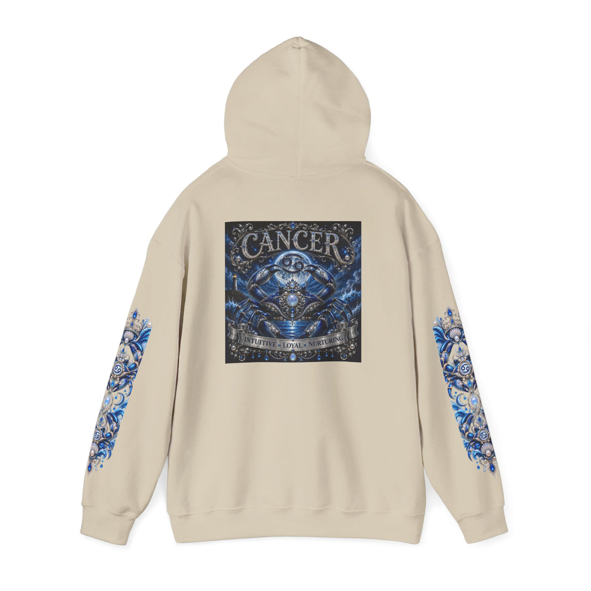 Cancer Zodiac Hoodie — Blue Crab Astrology Sweatshirt with Sleeve Art