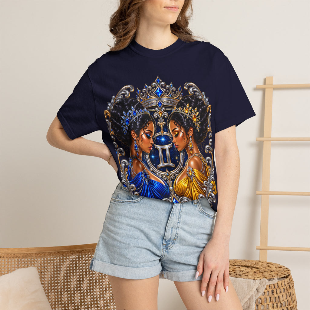 Gemini Zodiac Twin Queens T-Shirt — Elegant Blue & Gold Astrology Tee