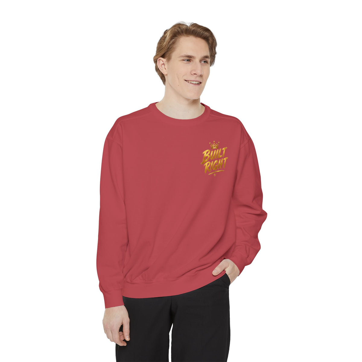 Built Right Sweatshirt — "Built Right: Beautiful. Brilliant." Gold Script Crewneck