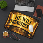 He Will Strengthen You Desk Mat — Inspirational Christian Desk Pad