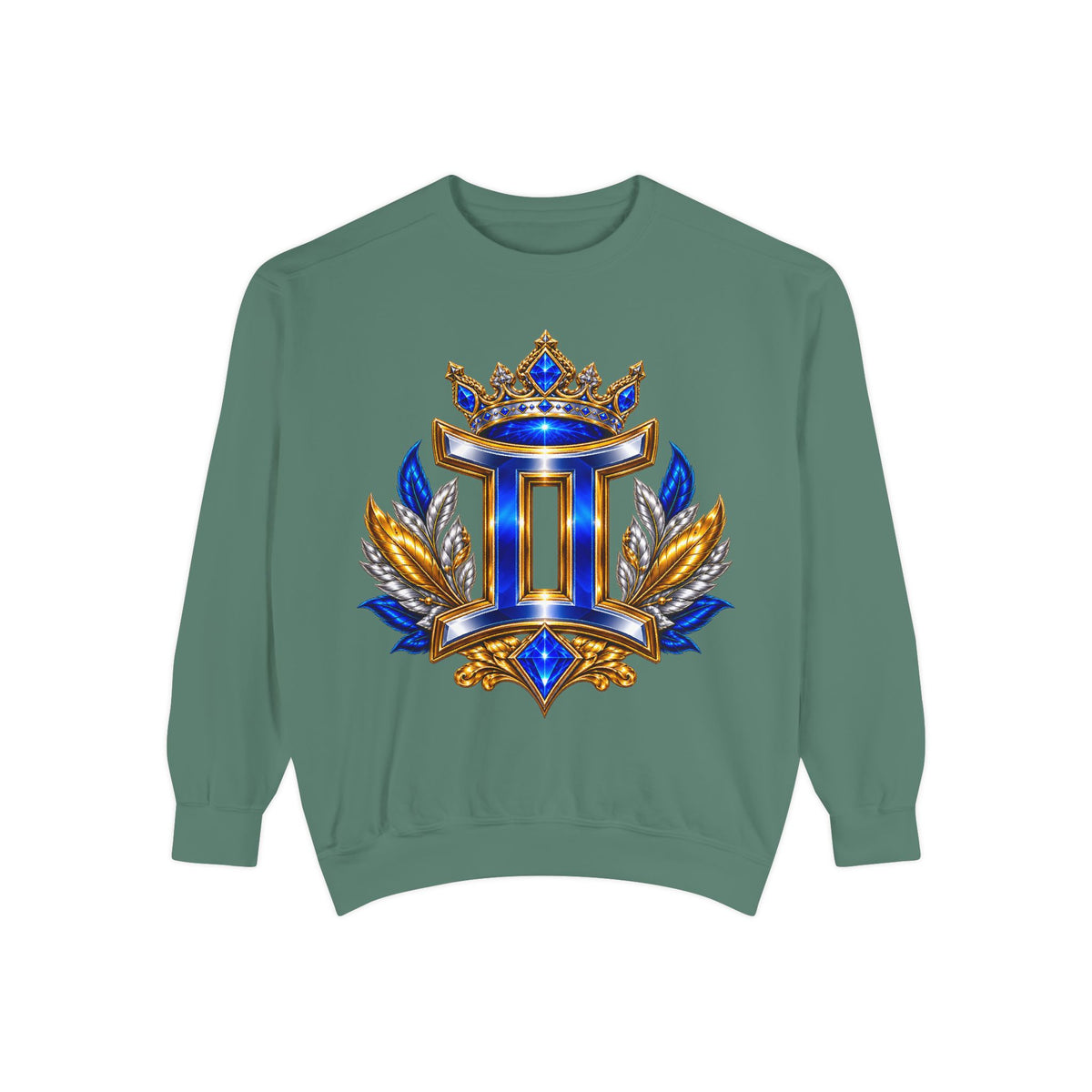 Gemini Zodiac Sweatshirt — Royal Blue & Gold Twin Symbol Crewneck