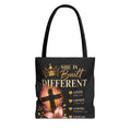 She Is Built Different Christian Tote Bag – Inspirational Faith Cross Design