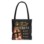 She Is Built Different Christian Tote Bag – Inspirational Faith Cross Design