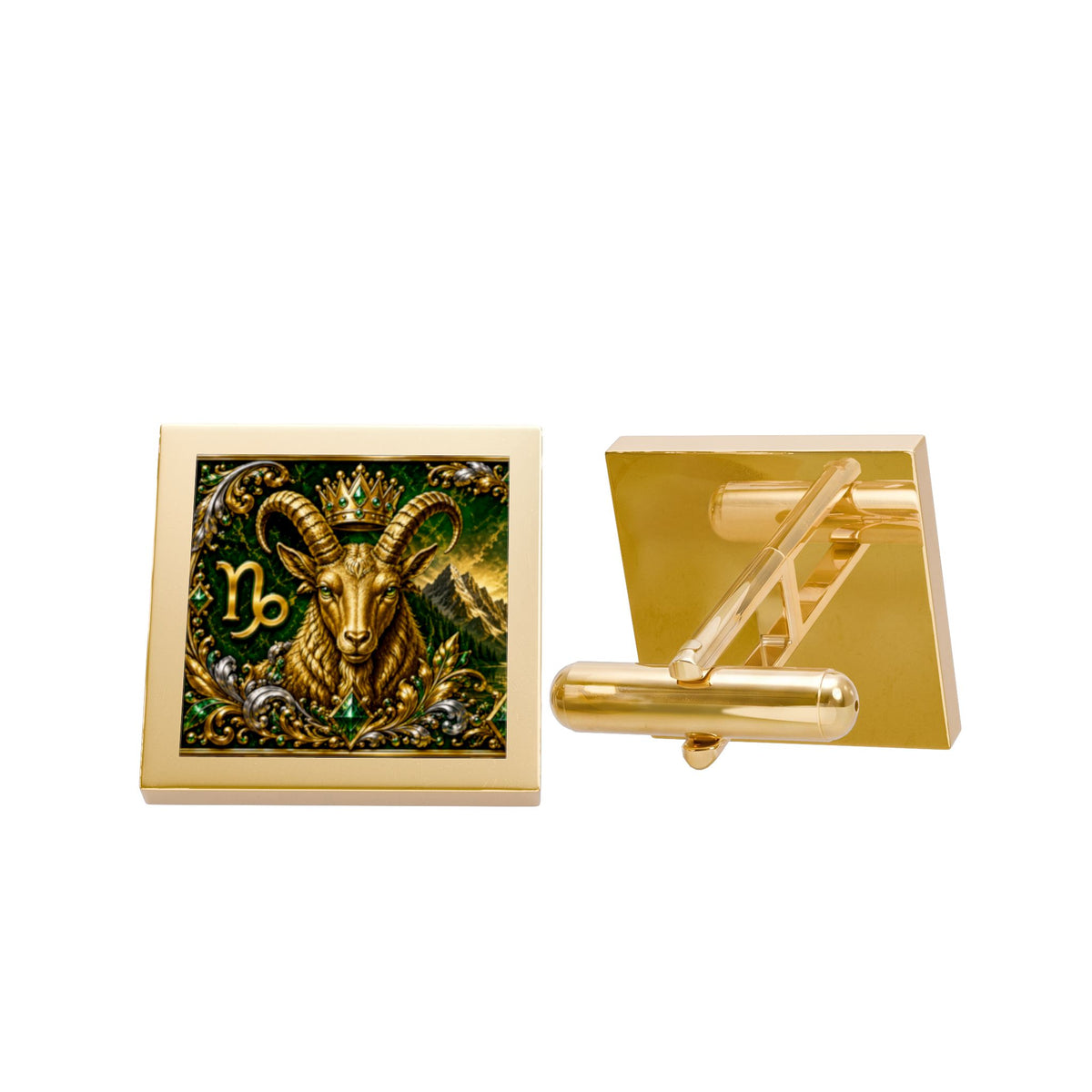 Capricorn Goat Zodiac Cufflinks — Gold Square Astrology Accessory