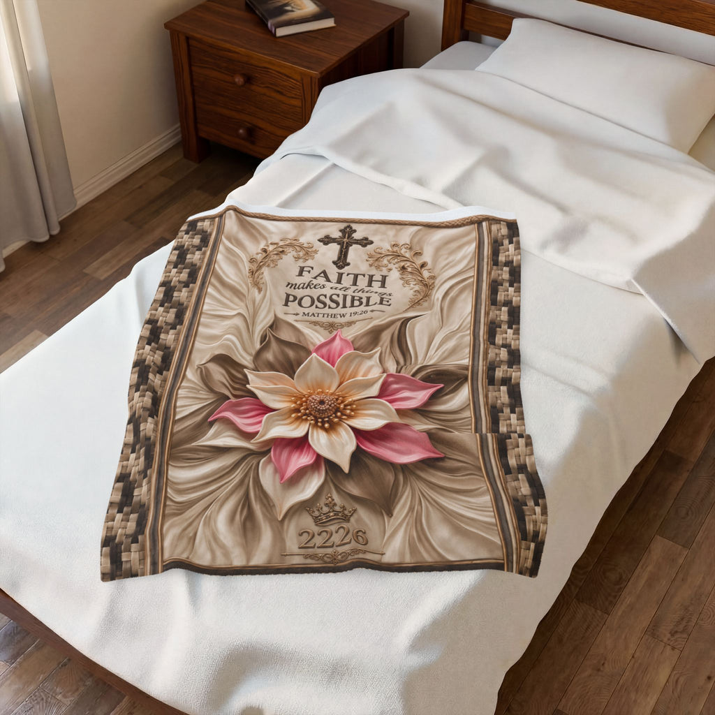 Faith Makes All Things Possible Velveteen Plush Blanket — Inspirational Floral Cross Throw