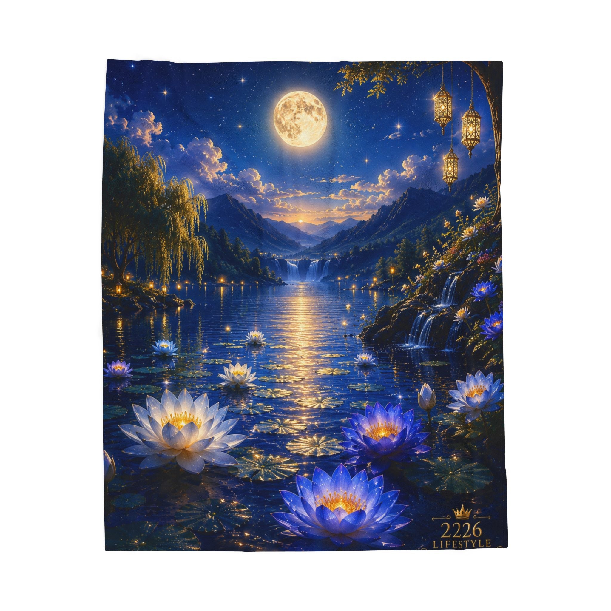 Velveteen Plush Blanket — Moonlit Lotus Lake Throw