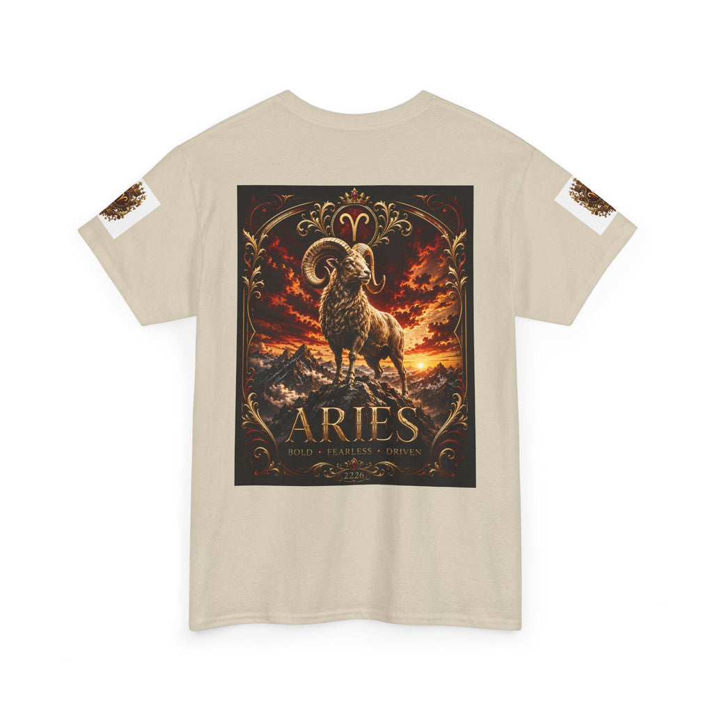 Aries Zodiac T‑Shirt — Mythic Ram Astrology Tee with 'ARIES' Emblem