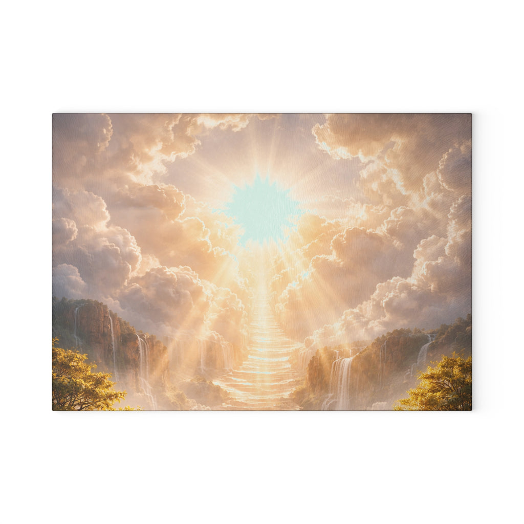 Heavenly Rays Glass Cutting Board — Serene Sunlight Cloudscape Kitchen Decor