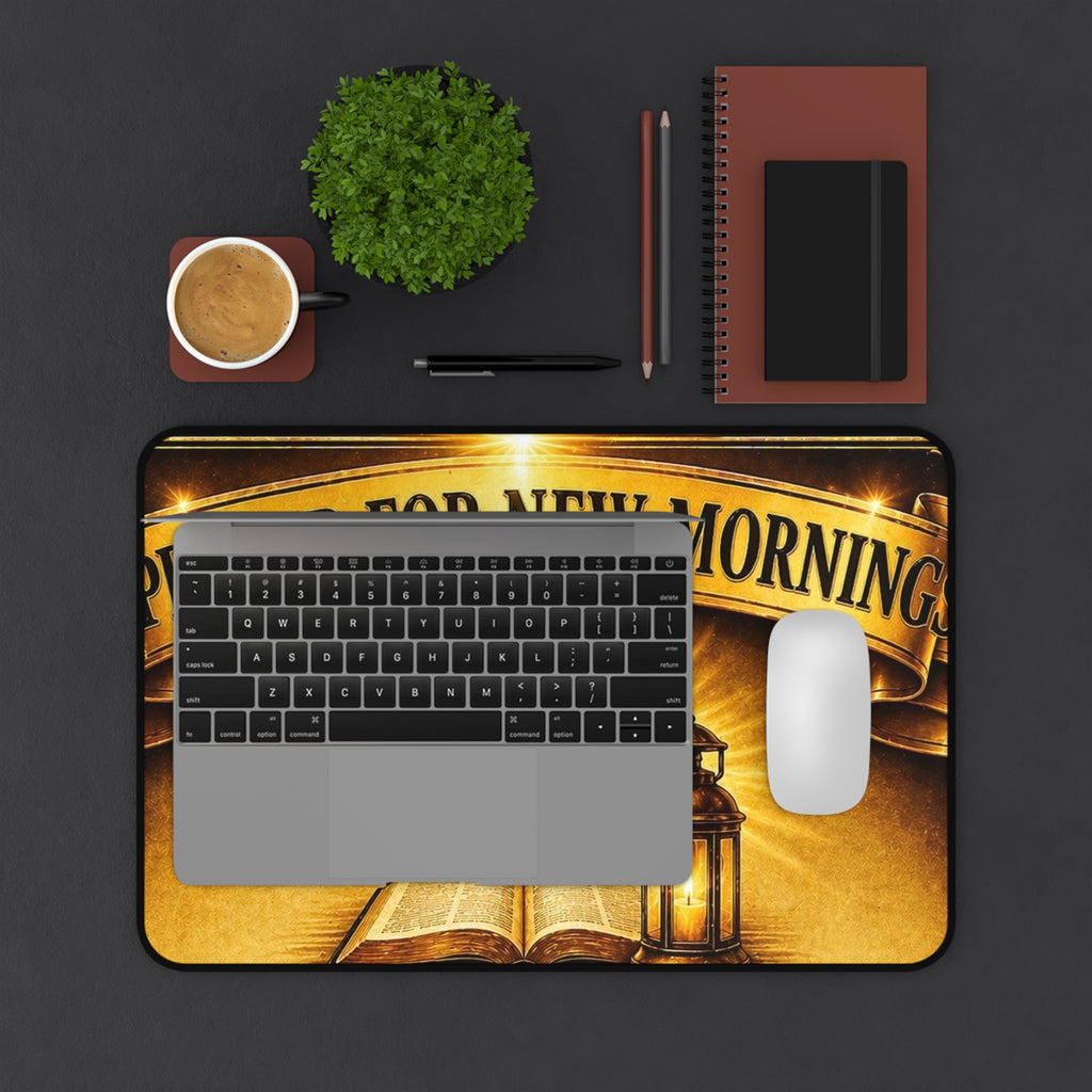 Prayer for New Morning Desk Mat — Christian Cross & Lantern Desk Pad