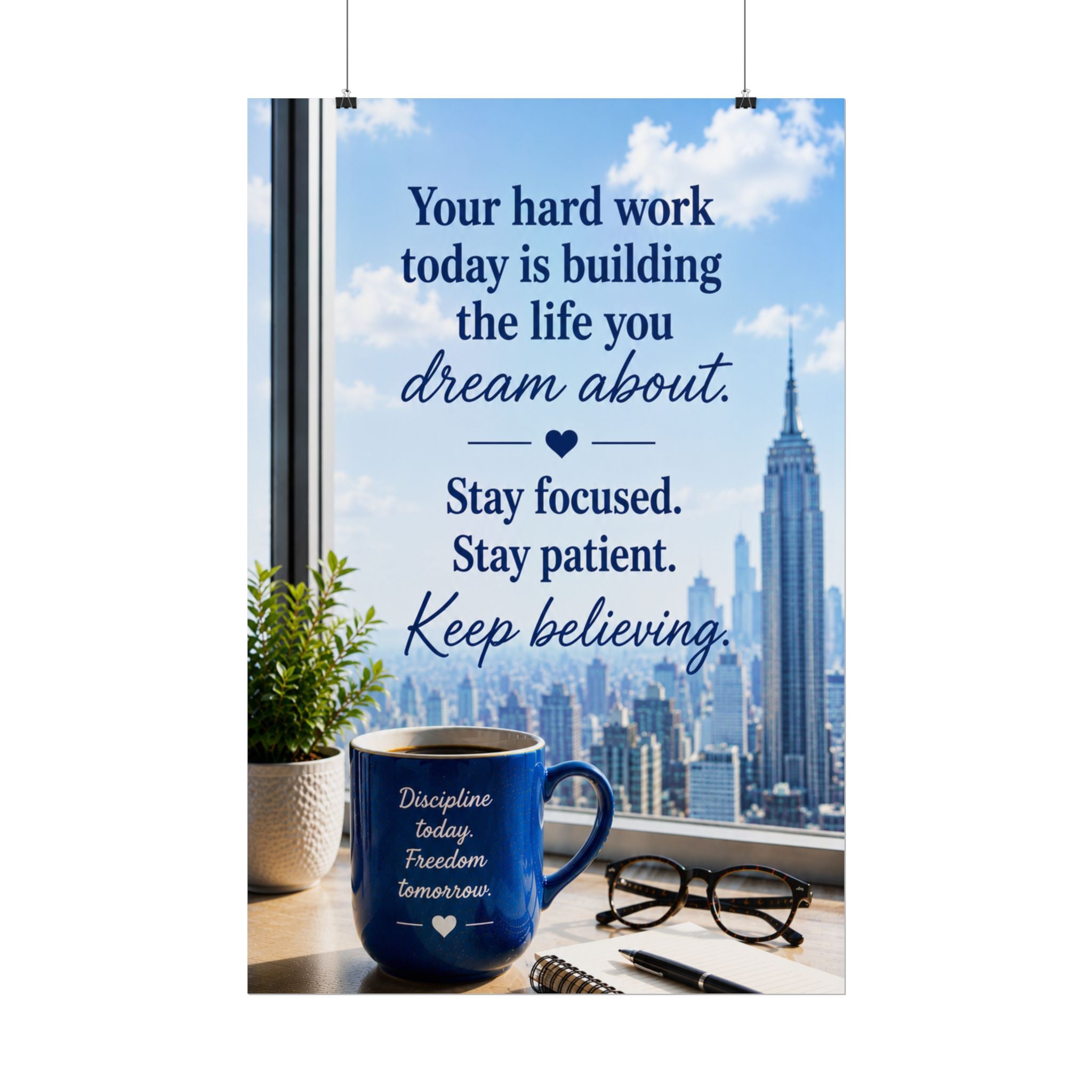 Motivational City View Poster – "Your hard work today is building the life you dream about"