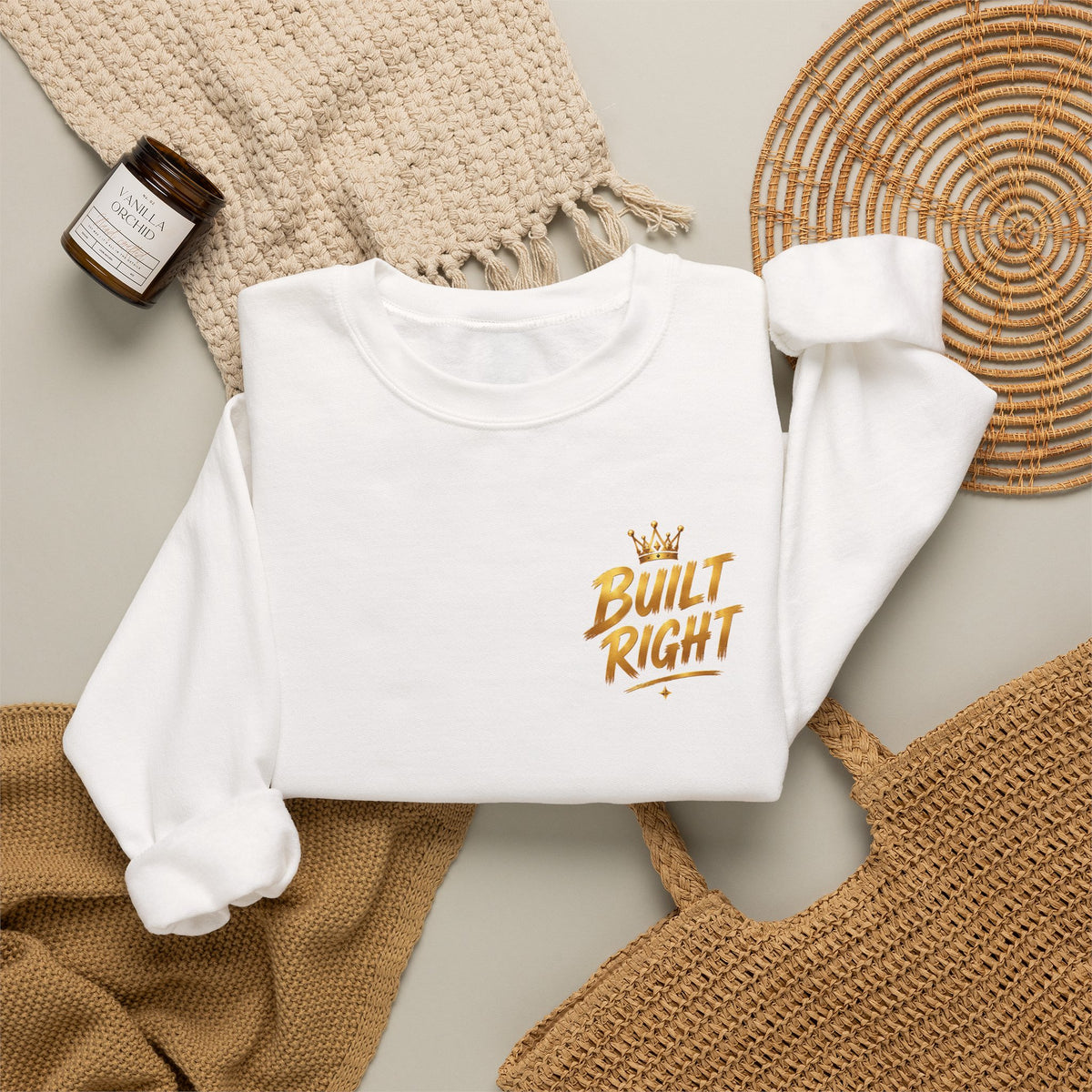 Built Right Crewneck Sweatshirt — "Built Right: Beautiful Brilliant" Gold Graphic