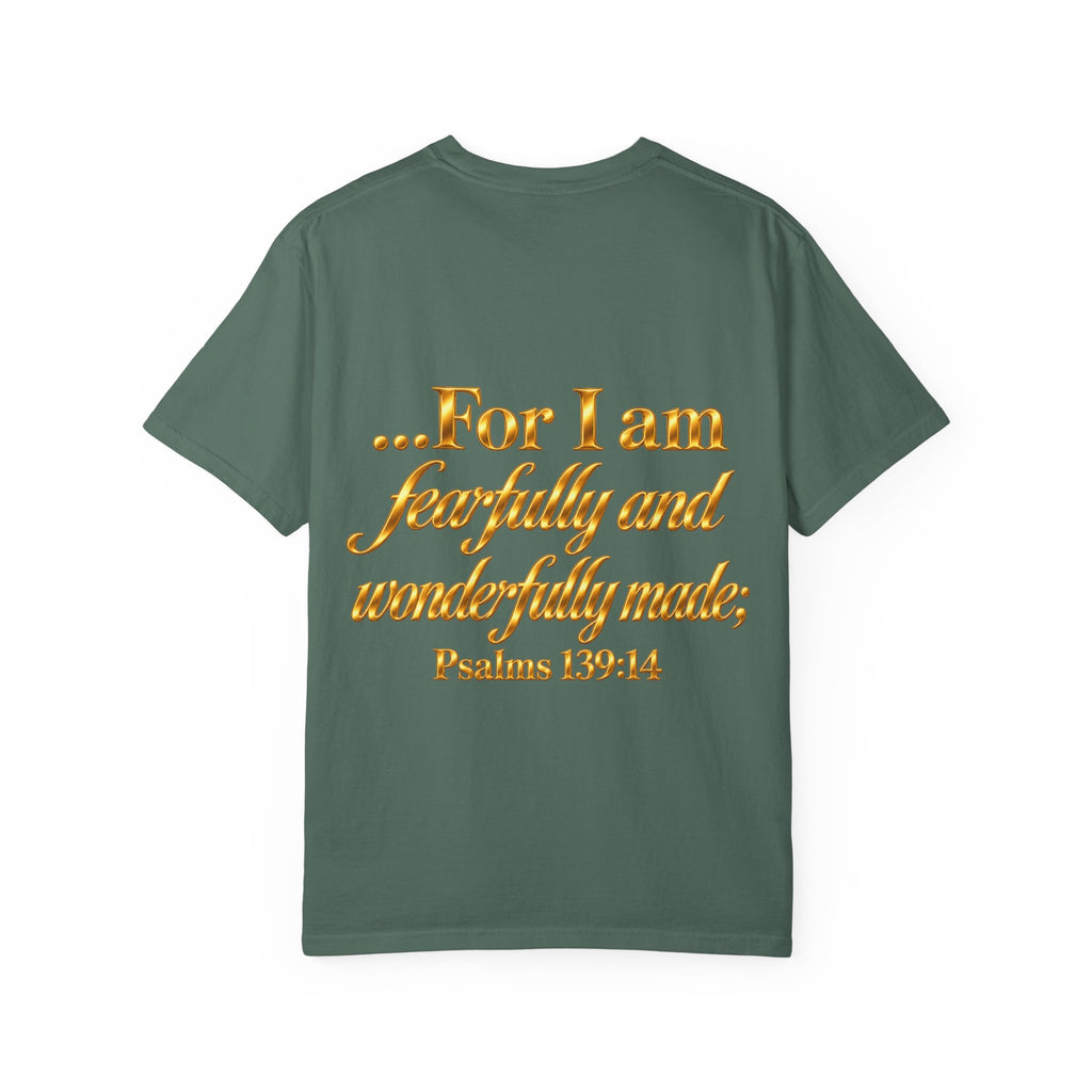 I Am God’s Masterpiece T-Shirt — Gold Script Faith Tee (Psalms 139:14)