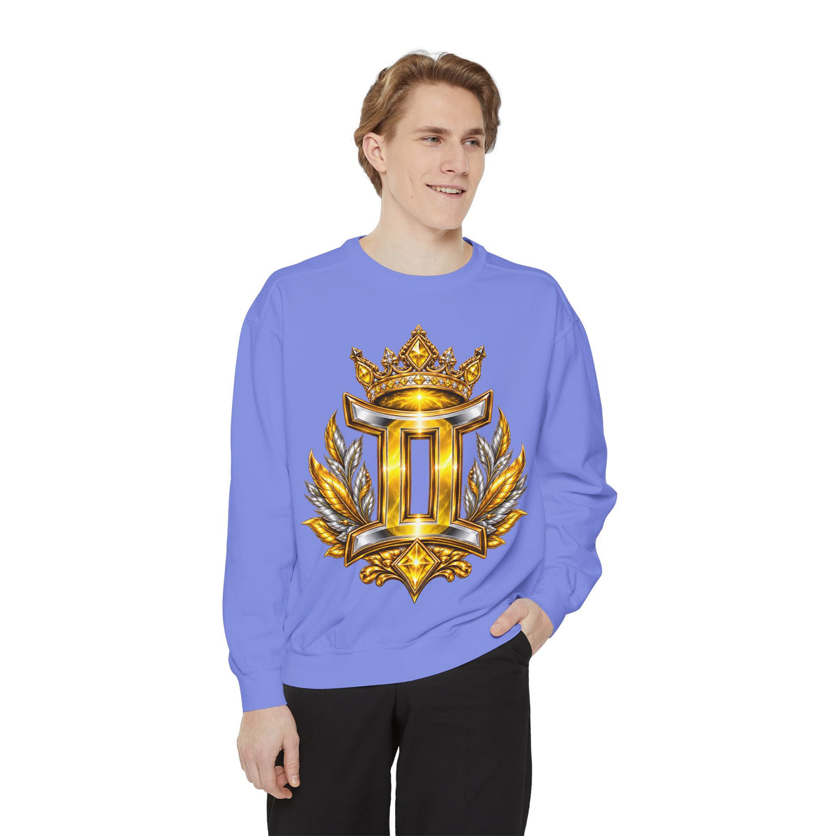 Gemini Zodiac Sweatshirt — Ornate Gold & Blue Gemini Crest