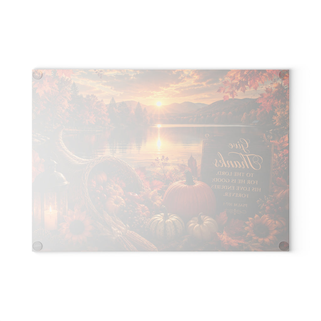 Thankful Harvest Glass Cutting Board — Autumn Cornucopia with "Give Thanks" Scripture