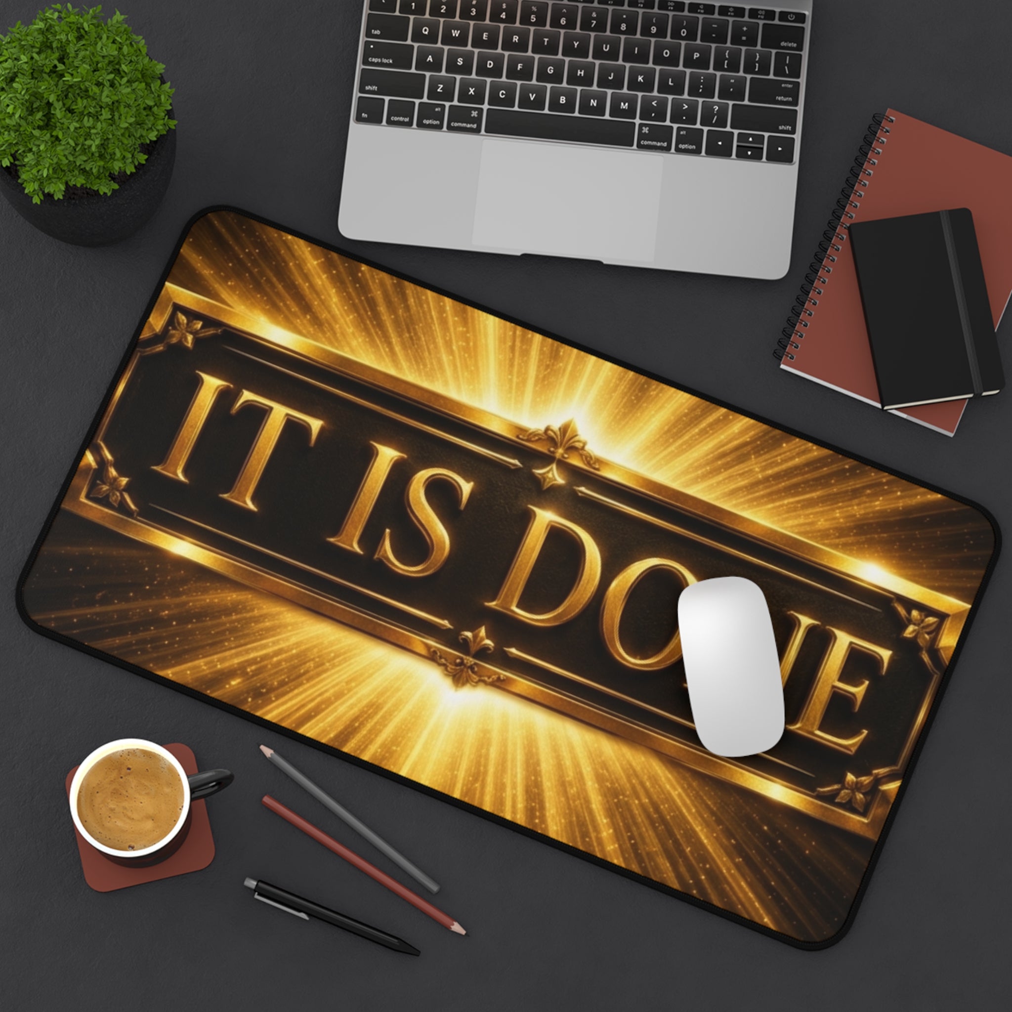 Desk Mat — "It Is Done" Gold Radiant Motivational Desk Mat