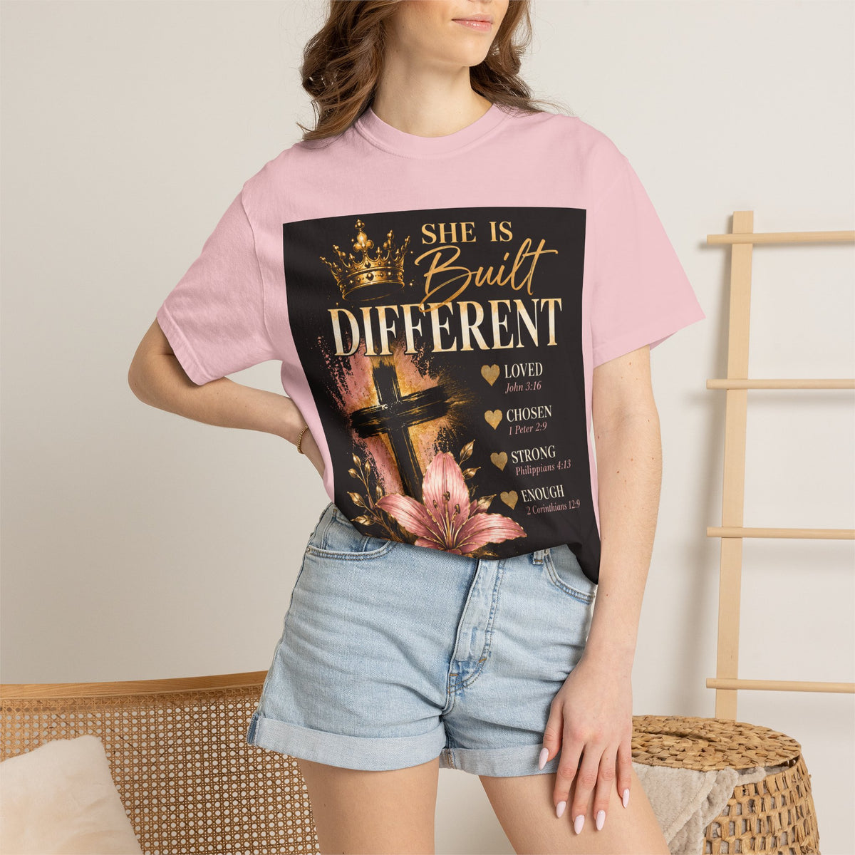 Christian Inspirational T-Shirt — "She Is Built Different / Built Right"