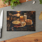 Glass Cutting Board — "Good Morning" Breakfast Scene Decorative Kitchen Board