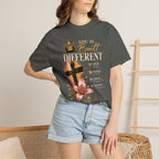 She Is Built Different Christian T-Shirt — Cross, Crown & Lily Faith Tee
