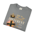 She Is Built Different Christian T-Shirt — Cross, Crown & Lily Faith Tee
