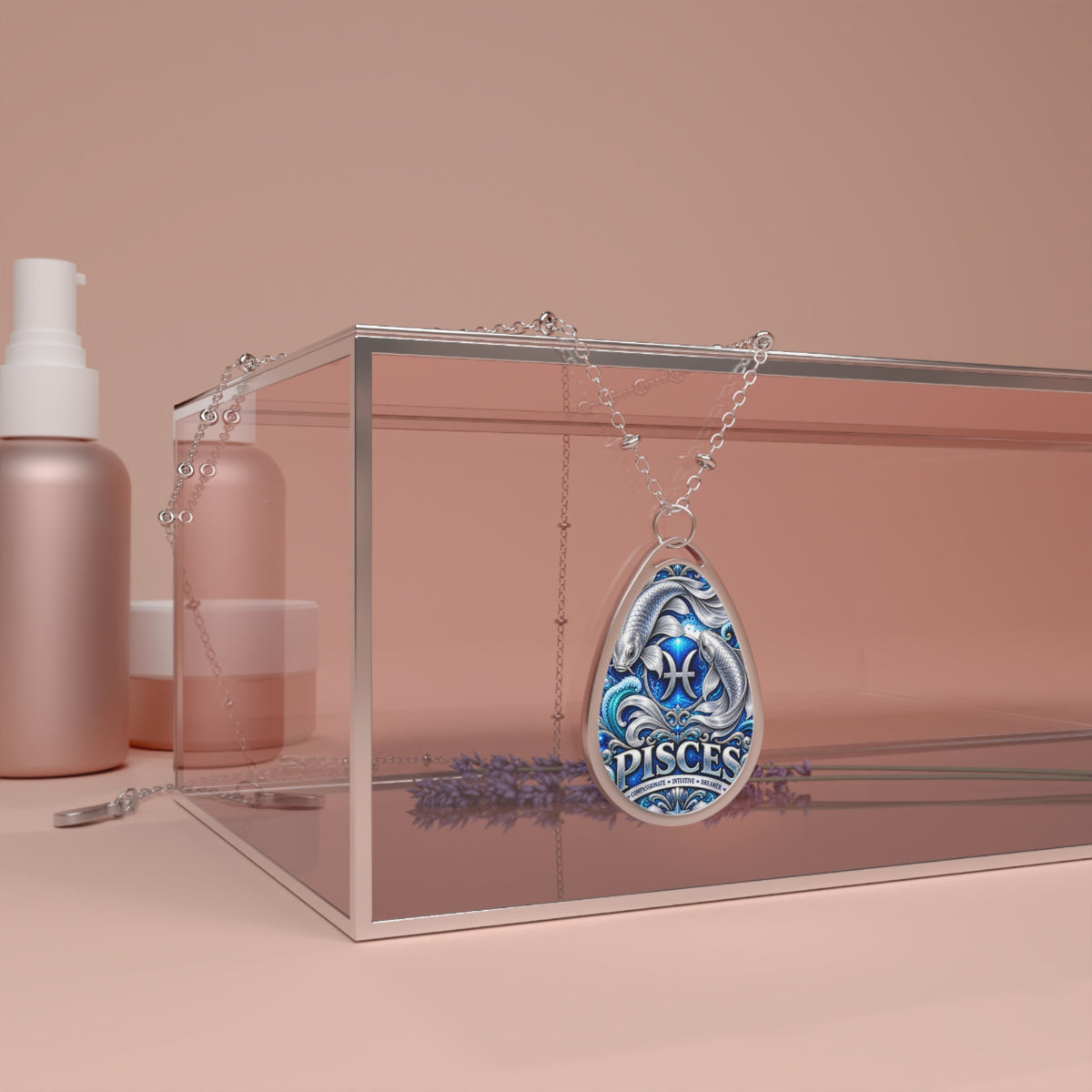 Pisces Oval Zodiac Necklace — Silver Teardrop Pendant with Pisces Artwork