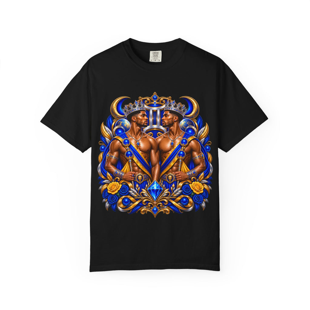 Gemini Zodiac T-Shirt — Bold Blue & Gold Twin Portrait Tee