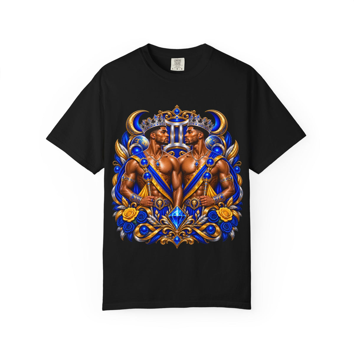 Gemini Zodiac T-Shirt — Bold Blue & Gold Twin Portrait Tee