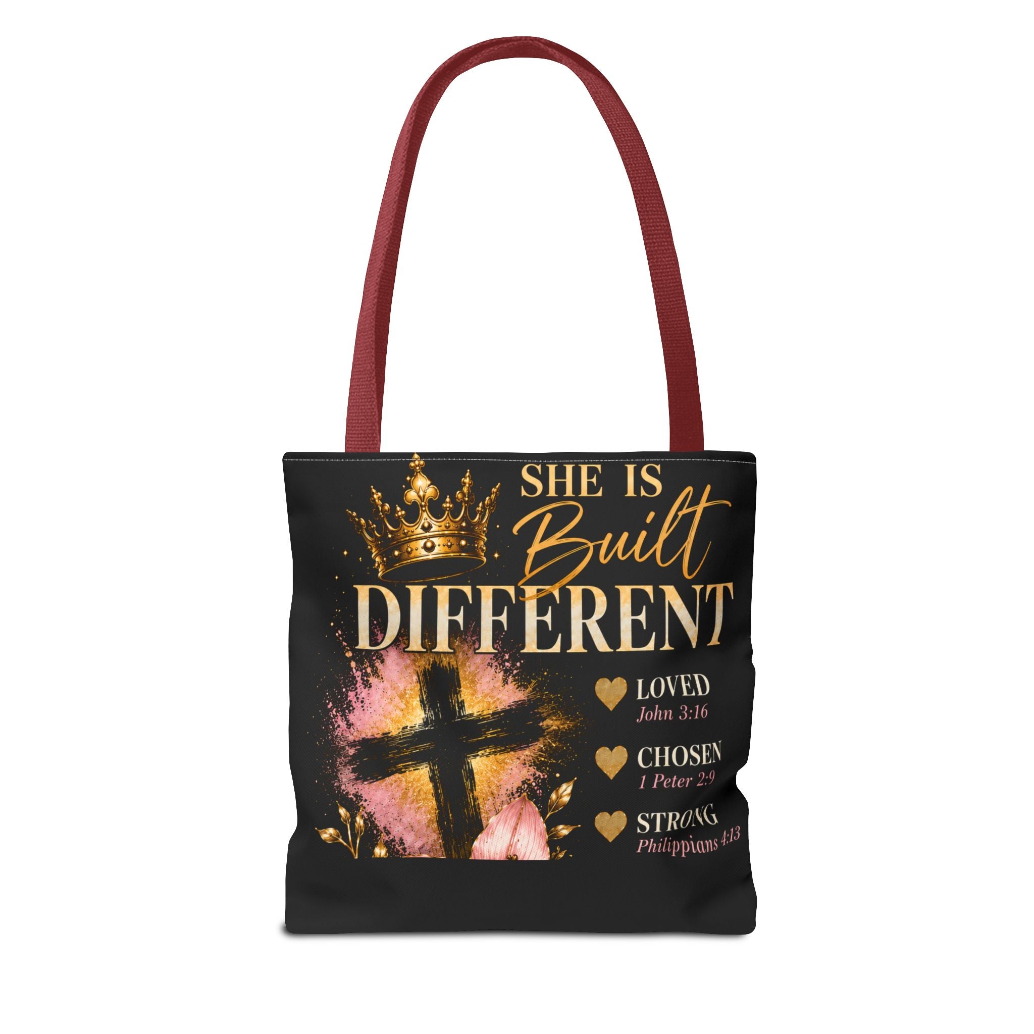 She Is Built Different Christian Tote Bag – Inspirational Faith Cross Design