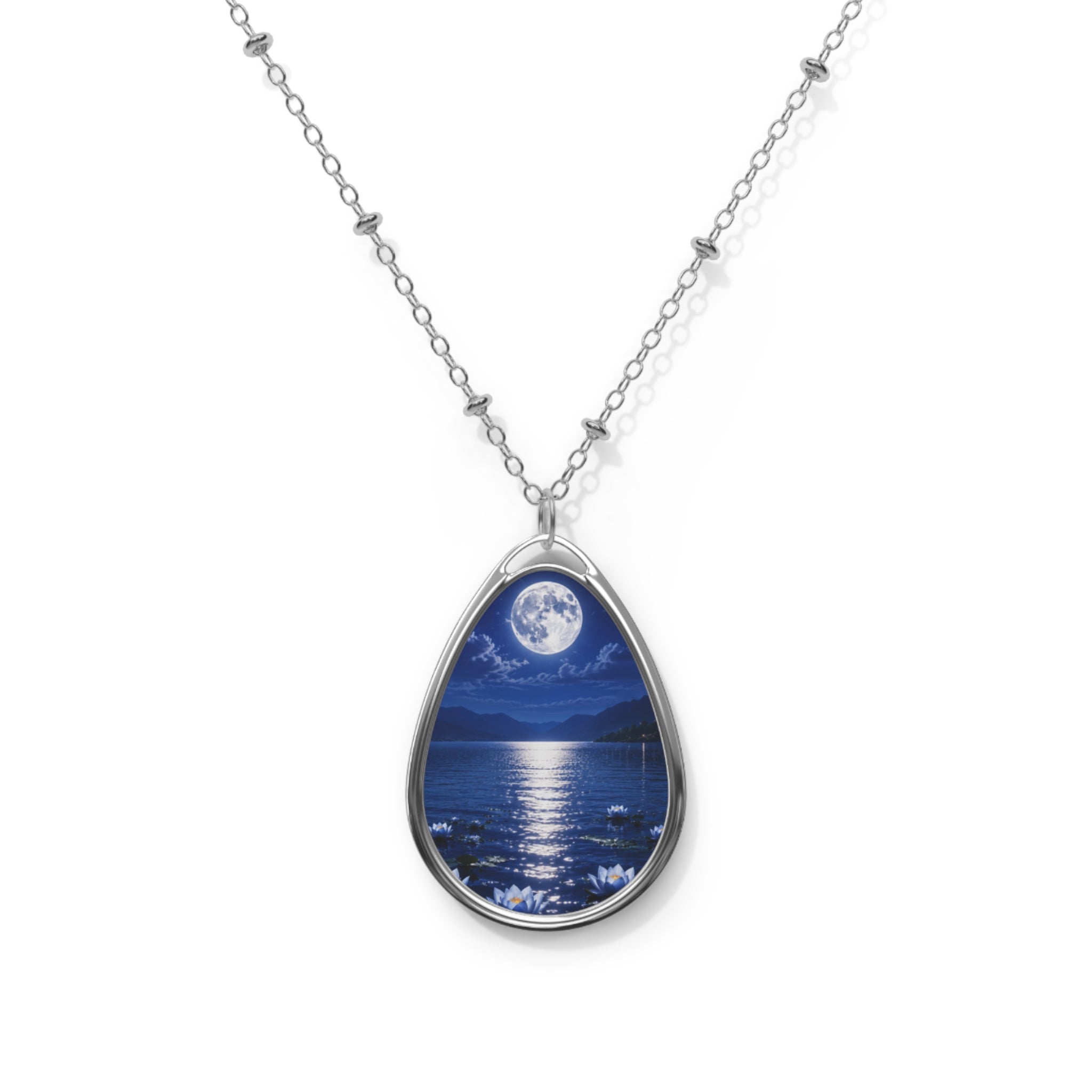 Moonlit Ocean Oval Necklace — Teardrop Pendant with Moon Reflection