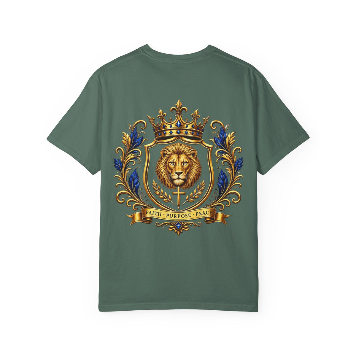 Lion Crest T-Shirt — Regal Crowned Lion with "Faith • Purpose • Peace" Back Graphic
