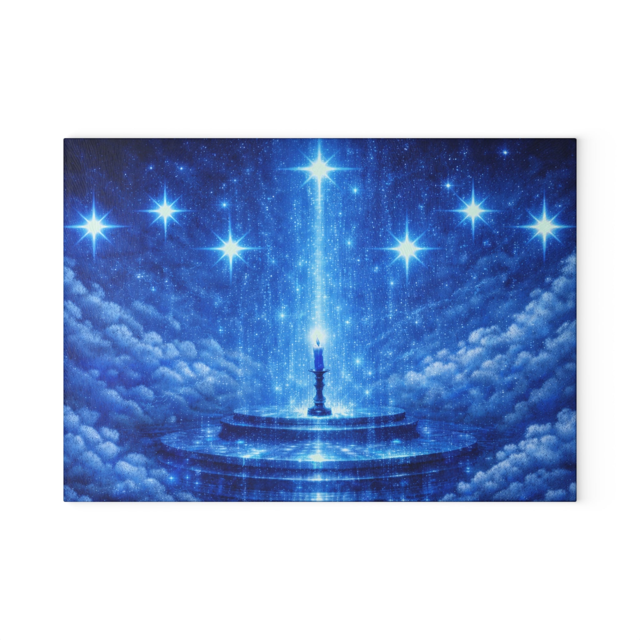Starry Lighthouse Nightscape Glass Cutting Board — Celestial Blue Kitchen Art