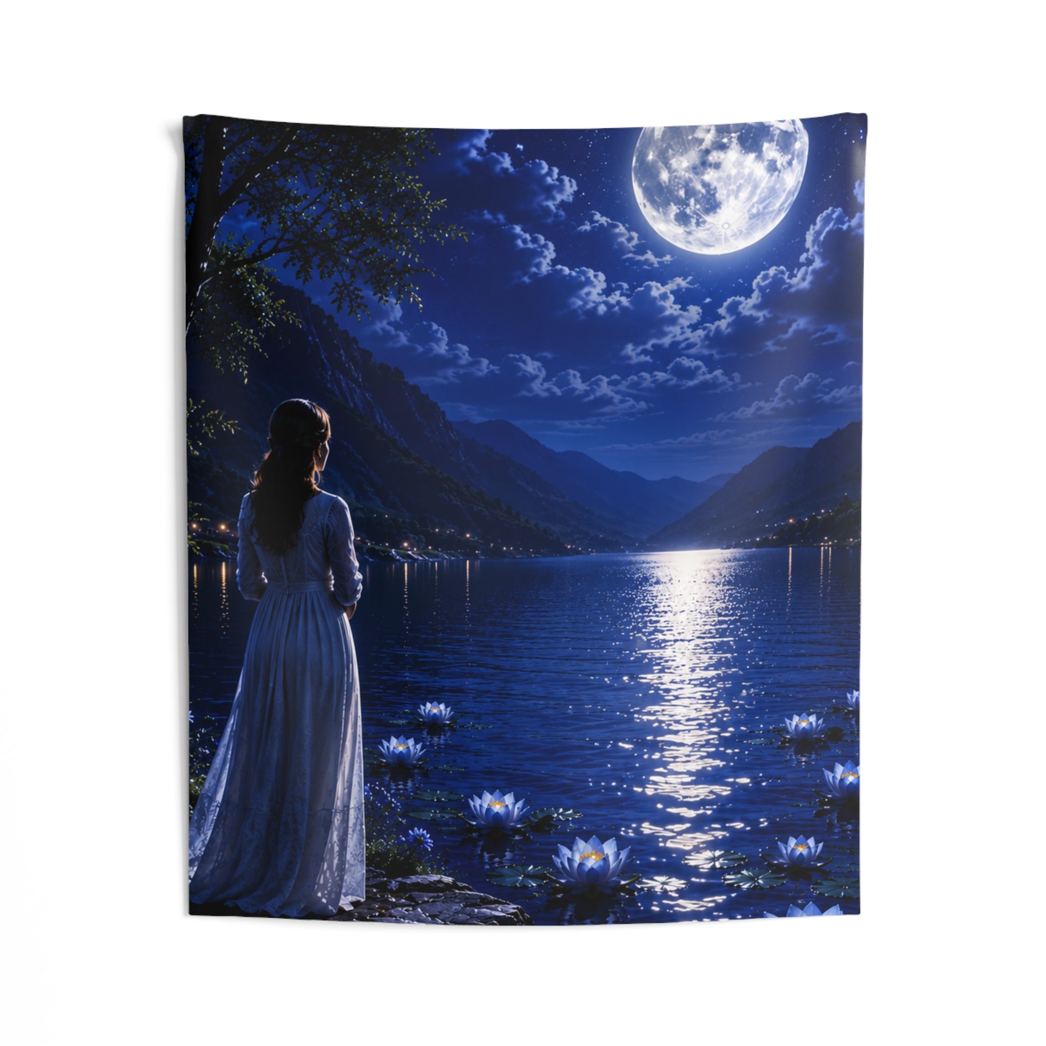 Moonlit Lake Tapestry — Woman Gazing at Full Moon Over Serene Water