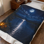 Moonlit Lake Velveteen Plush Blanket — Cozy Nightscape Throw for Camping, Cabin & Home
