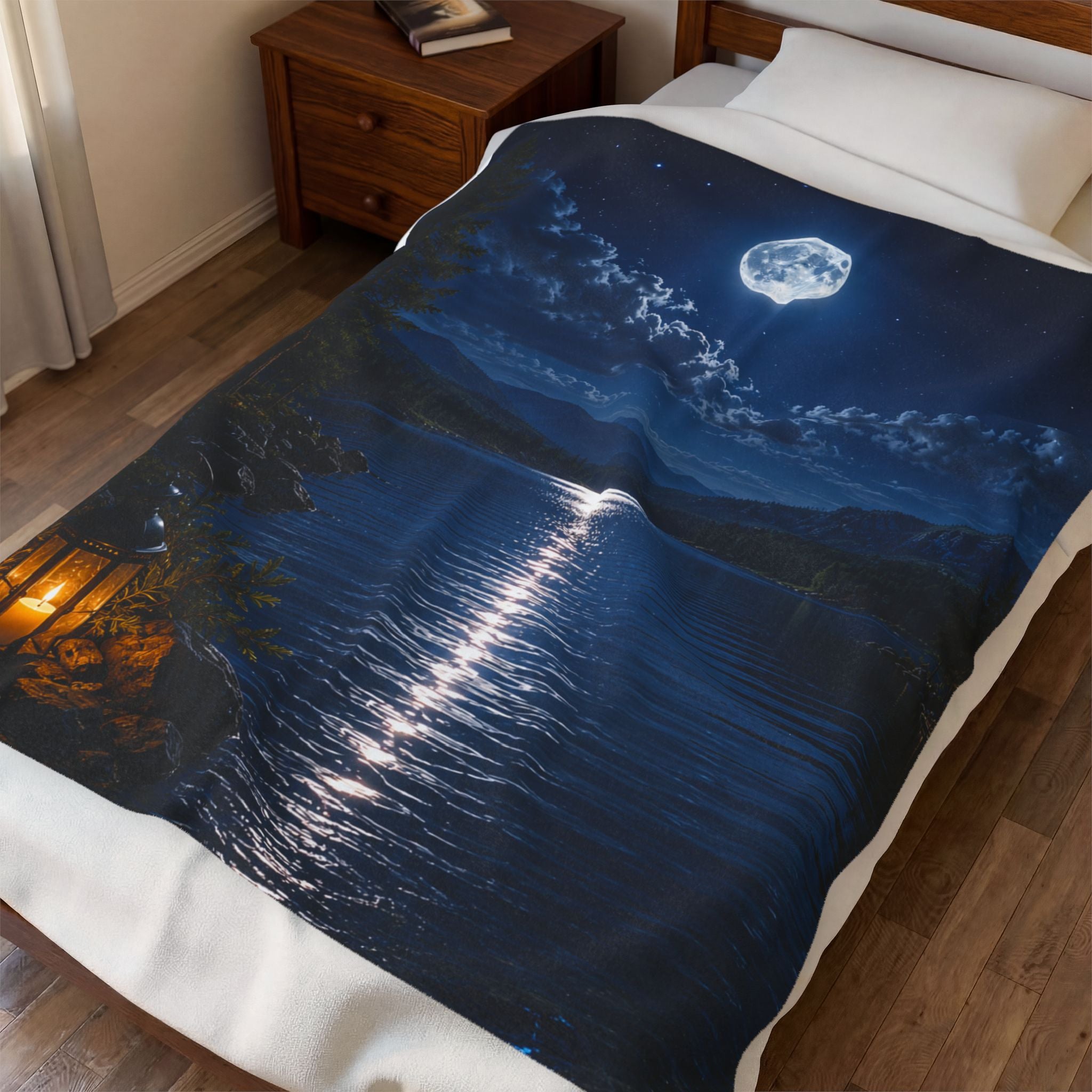 Moonlit Lake Velveteen Plush Blanket — Cozy Nightscape Throw for Camping, Cabin & Home