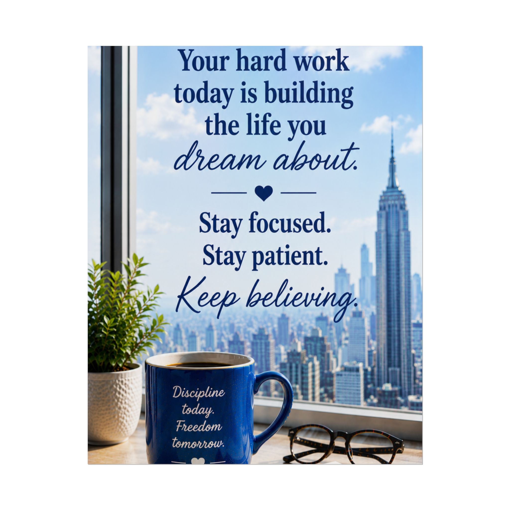 Motivational City View Poster – "Your hard work today is building the life you dream about"