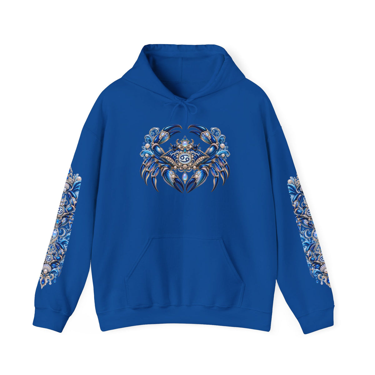 Cancer Zodiac Hoodie — Blue Crab Astrology Sweatshirt with Sleeve Art