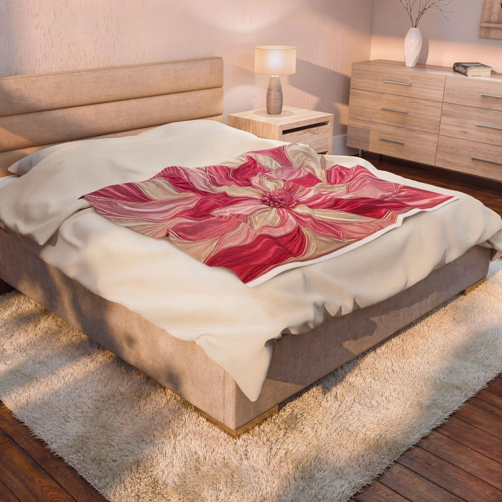 Plush Velveteen Blanket — Pink Floral Petal Design, Soft Cozy Throw