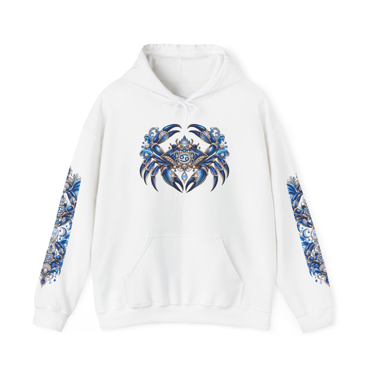Cancer Zodiac Hoodie — Blue Crab Astrology Sweatshirt with Sleeve Art