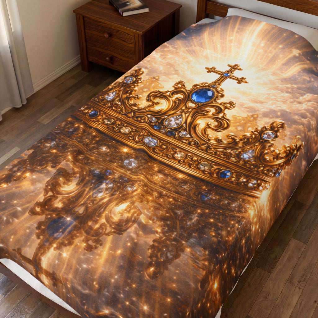 Royal Crown Velveteen Plush Blanket – Sparkling Gold Cross Design