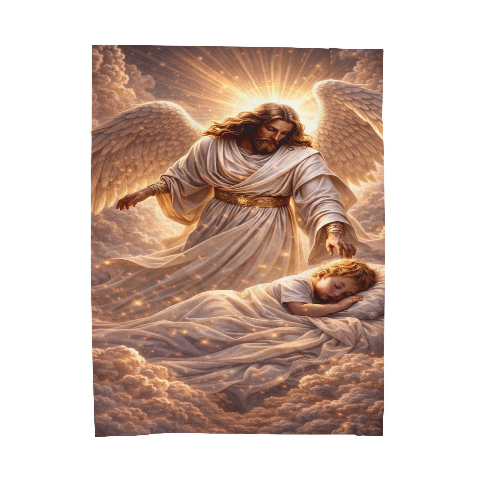 Angel Watching Over Sleeping Child Velveteen Plush Blanket — Religious Comfort Throw