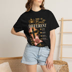 She Is Built Different Christian T-Shirt — Cross, Crown & Lily Faith Tee