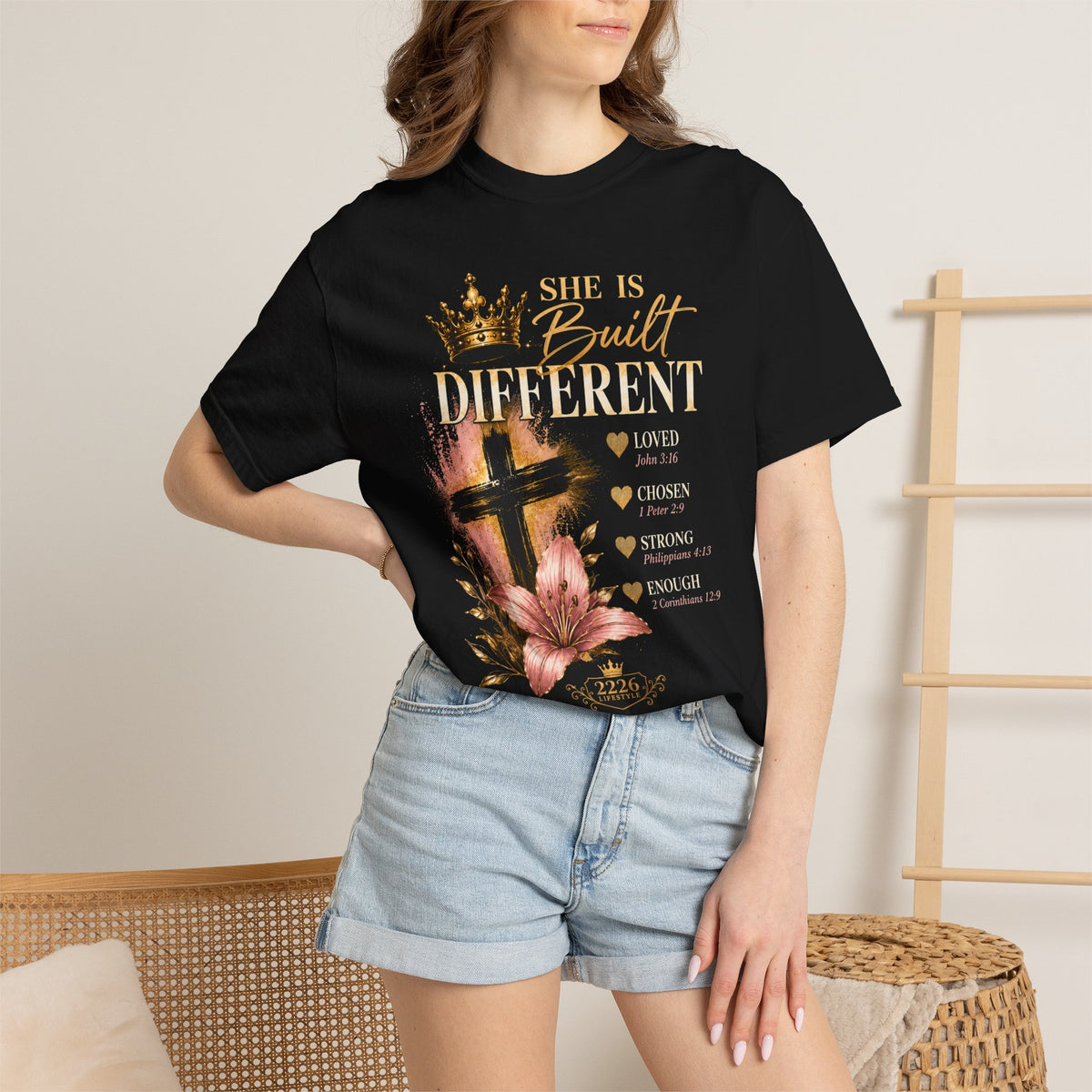 She Is Built Different Christian T-Shirt — Cross, Crown & Lily Faith Tee