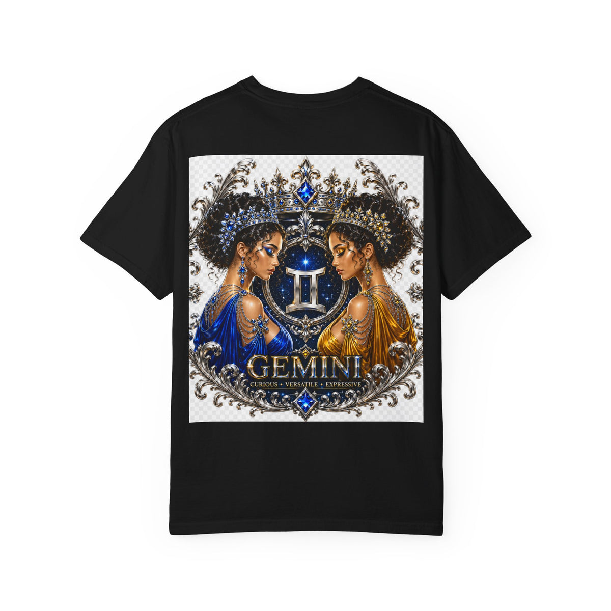Gemini Zodiac Twin Queens T-Shirt — Elegant Blue & Gold Astrology Tee