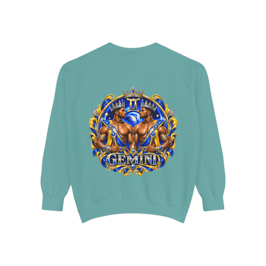 Gemini Zodiac Sweatshirt — Royal Blue & Gold Twin Symbol Crewneck