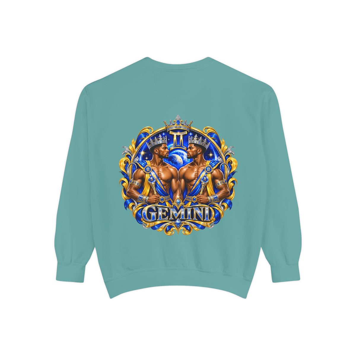 Gemini Zodiac Sweatshirt — Royal Blue & Gold Twin Symbol Crewneck