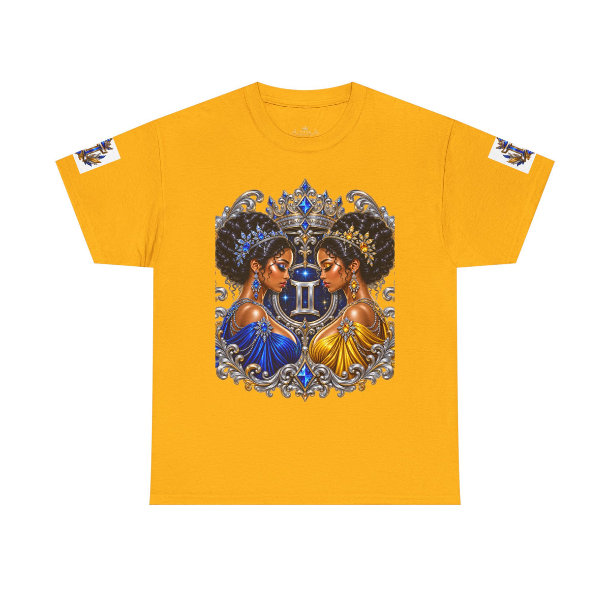 Gemini Zodiac Tee — Twin Sisters Astrology T‑Shirt (Blue & Gold)