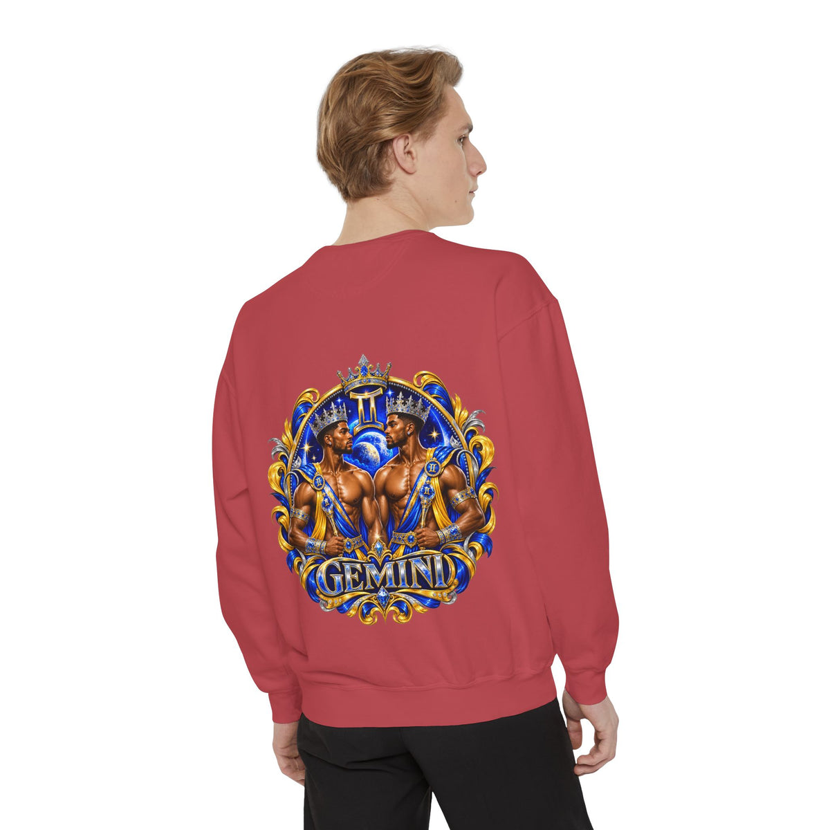 Gemini Zodiac Sweatshirt — Royal Blue & Gold Twin Symbol Crewneck