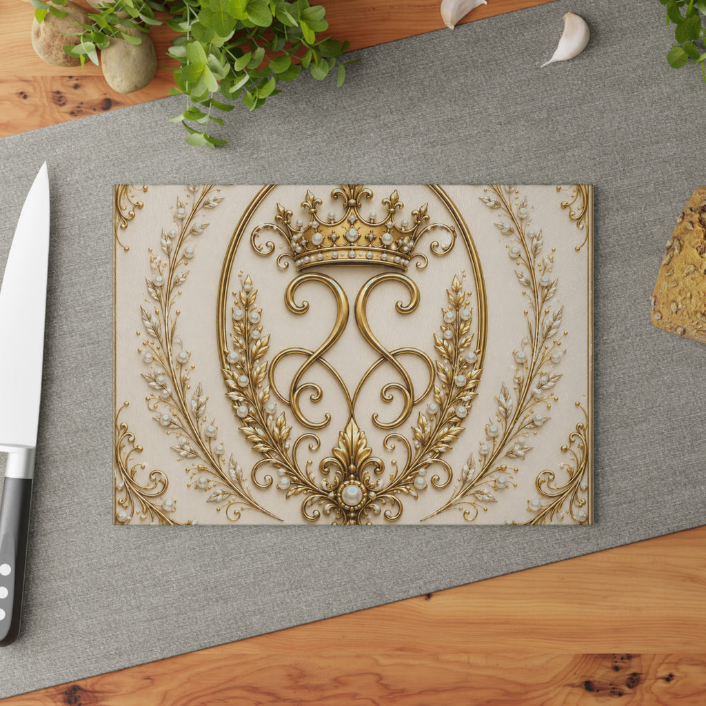 Ornate Gold Crown Glass Cutting Board — Vintage Royalty Kitchen & Serving Platter