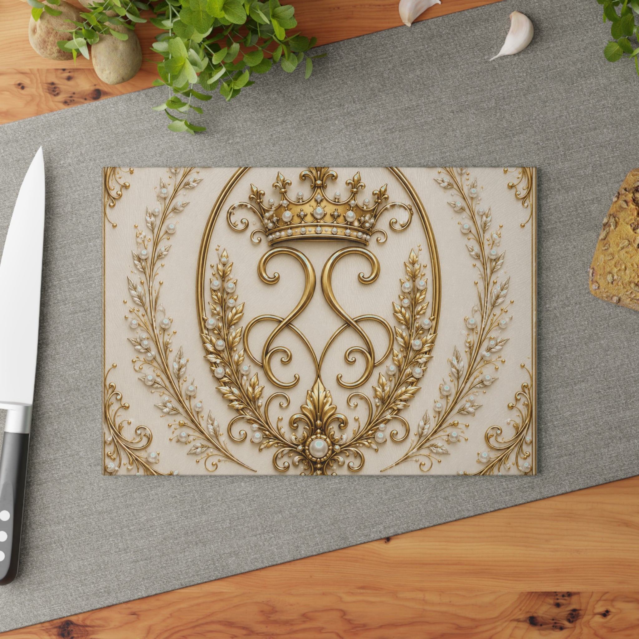 Ornate Gold Crown Glass Cutting Board — Vintage Royalty Kitchen & Serving Platter